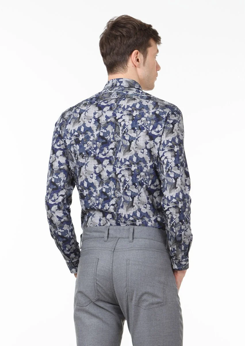 Navy Blue Printed Slim Fit Weaving Casual 100% Cotton Shirt - 4