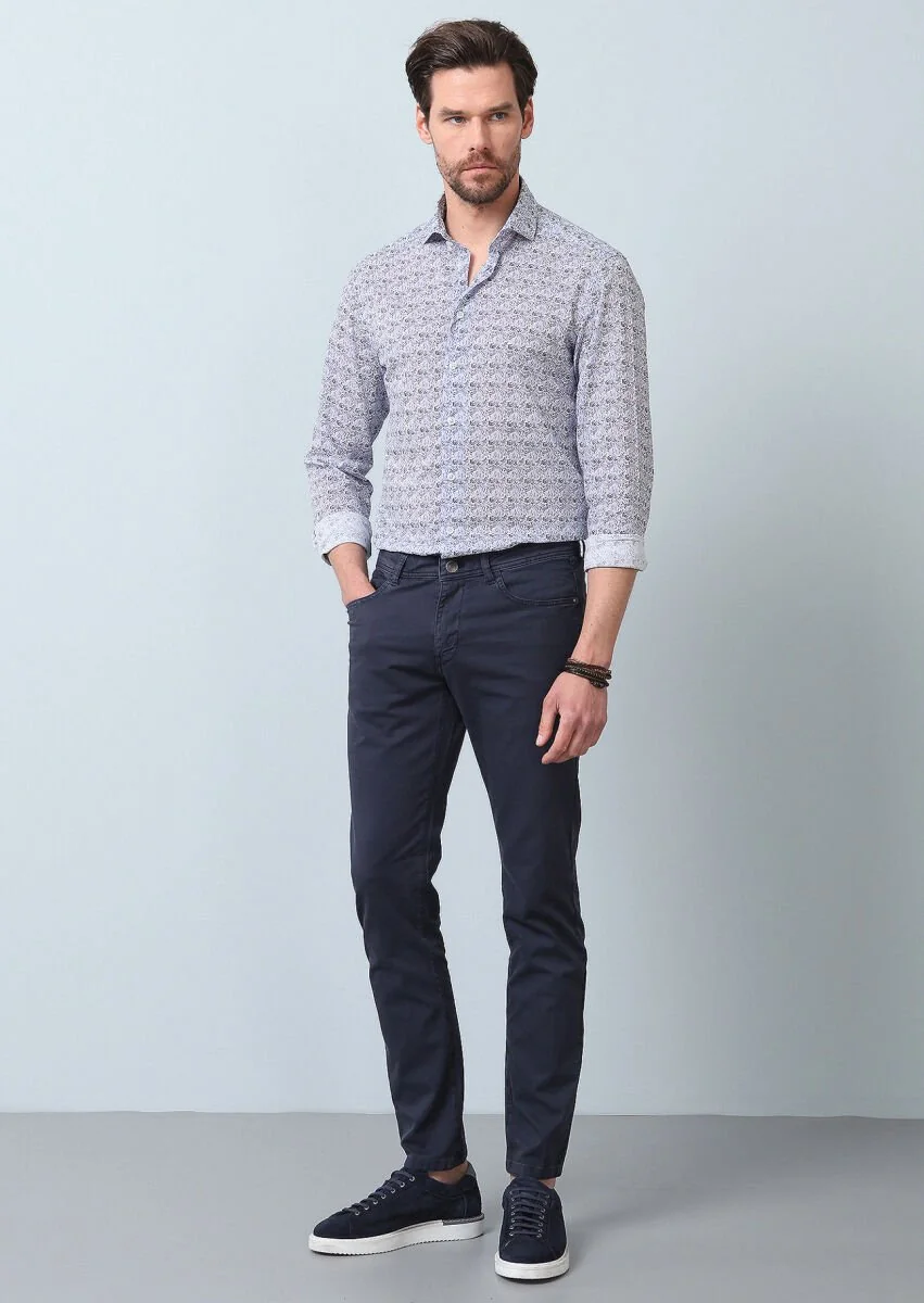 Navy Blue Printed Slim Fit Weaving Casual 100% Cotton Shirt - 5