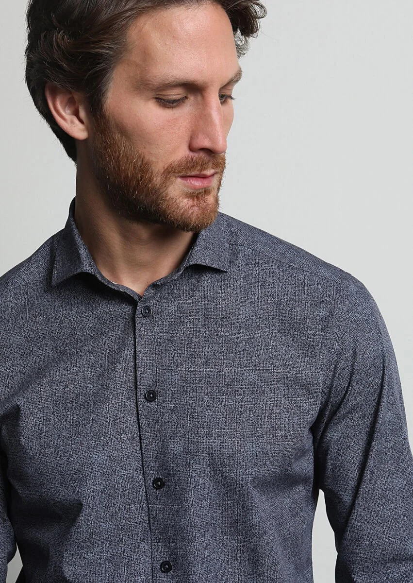 Navy Blue Printed Slim Fit Weaving Casual 100% Cotton Shirt - 3