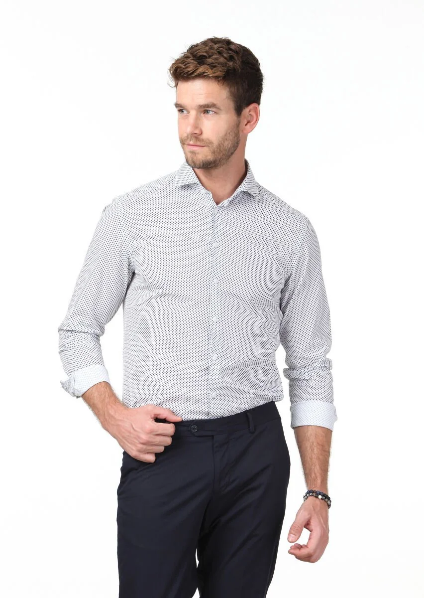 Navy Blue Printed Slim Fit Weaving Casual Cotton Blended Shirt - 3