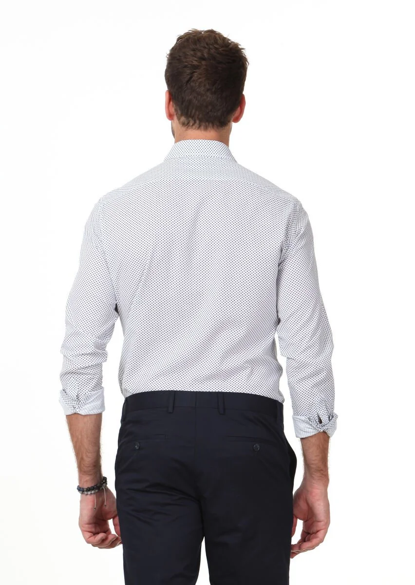 Navy Blue Printed Slim Fit Weaving Casual Cotton Blended Shirt - 4