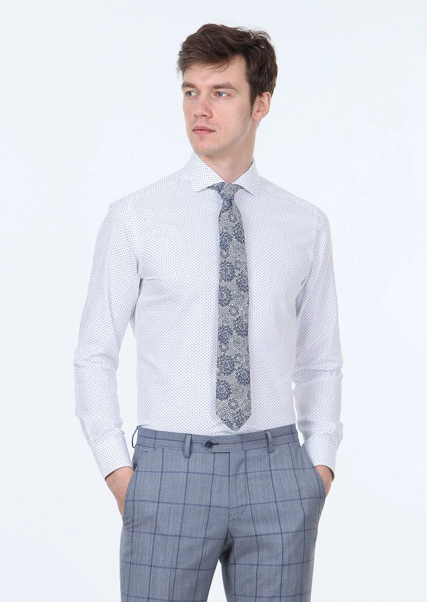 Navy Blue Printed Slim Fit Weaving Classical 100% Cotton Shirt - 1