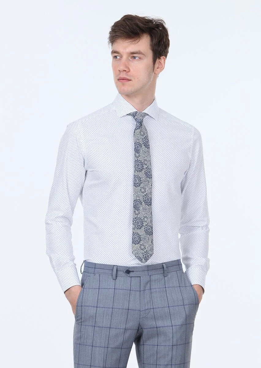 Navy Blue Printed Slim Fit Weaving Classical 100% Cotton Shirt - 1