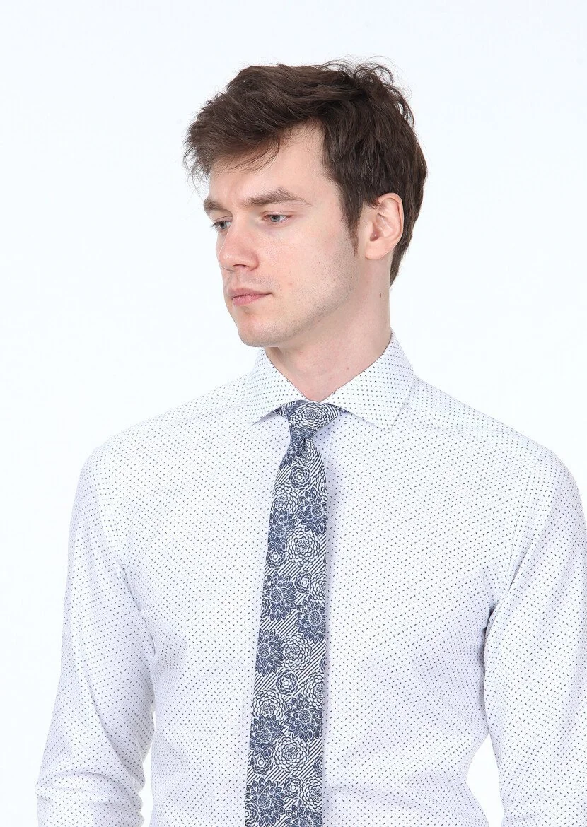 Navy Blue Printed Slim Fit Weaving Classical 100% Cotton Shirt - 3