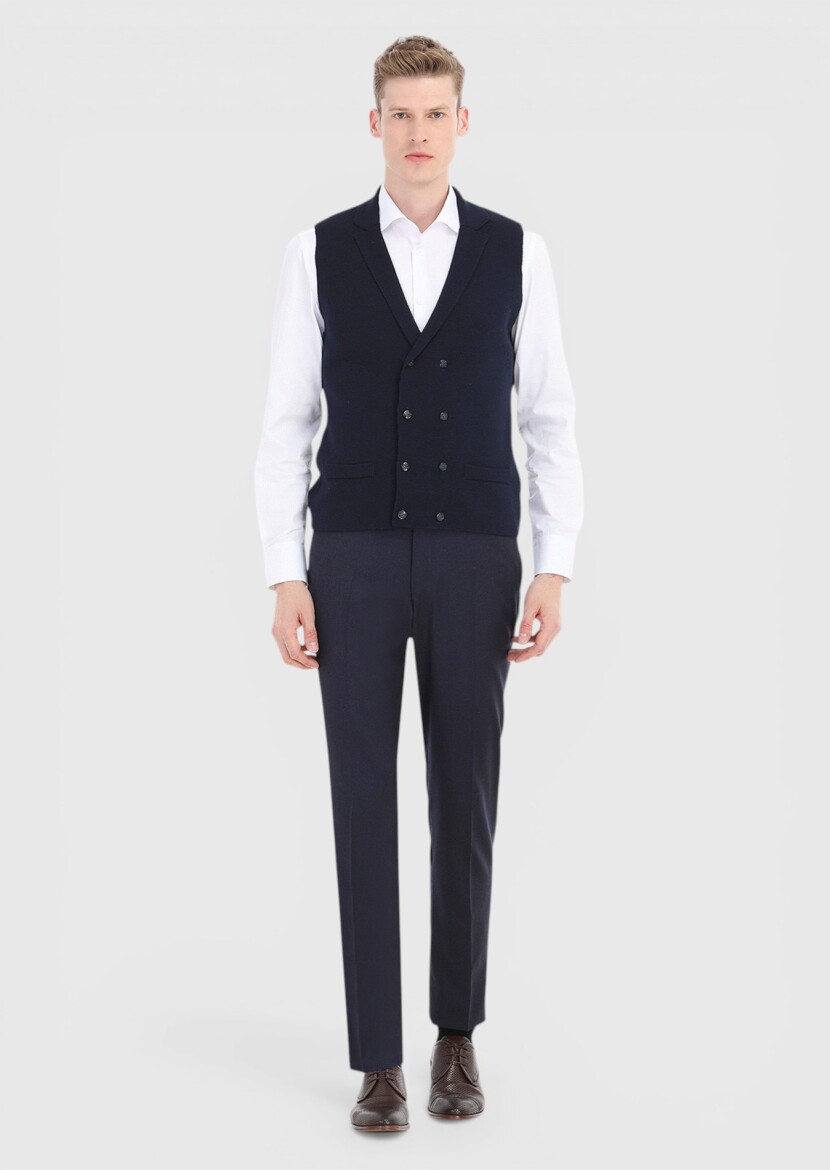 Navy Blue Regular Fit Butterfly Collar Casual Knitting Knit Vest - RAMSEY