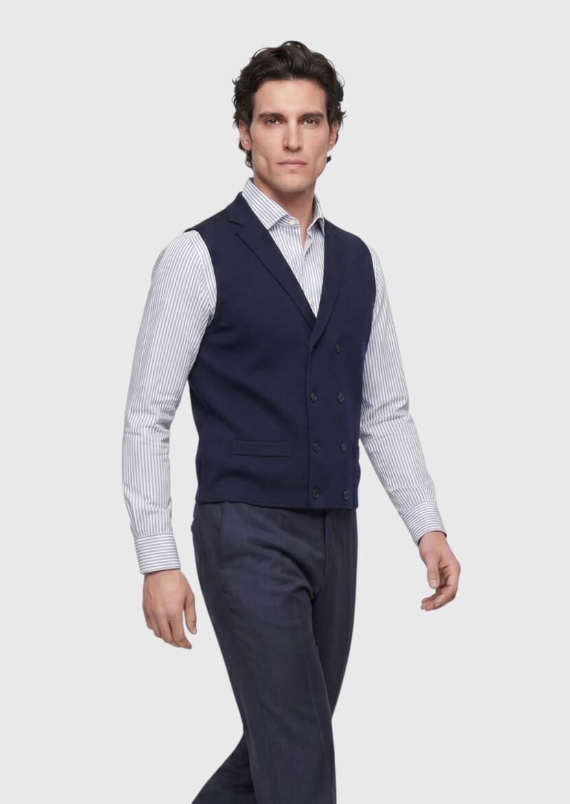 Navy Blue Regular Fit Butterfly Collar Casual Knitting Knit Vest - RAMSEY