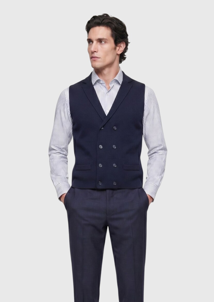 Navy Blue Regular Fit Butterfly Collar Casual Knitting Knit Vest - 4