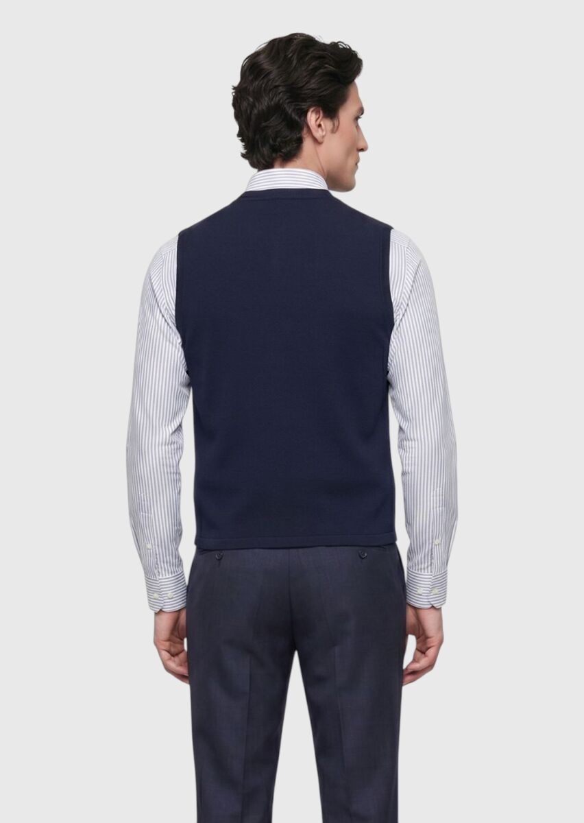 Navy Blue Regular Fit Butterfly Collar Casual Knitting Knit Vest - 5