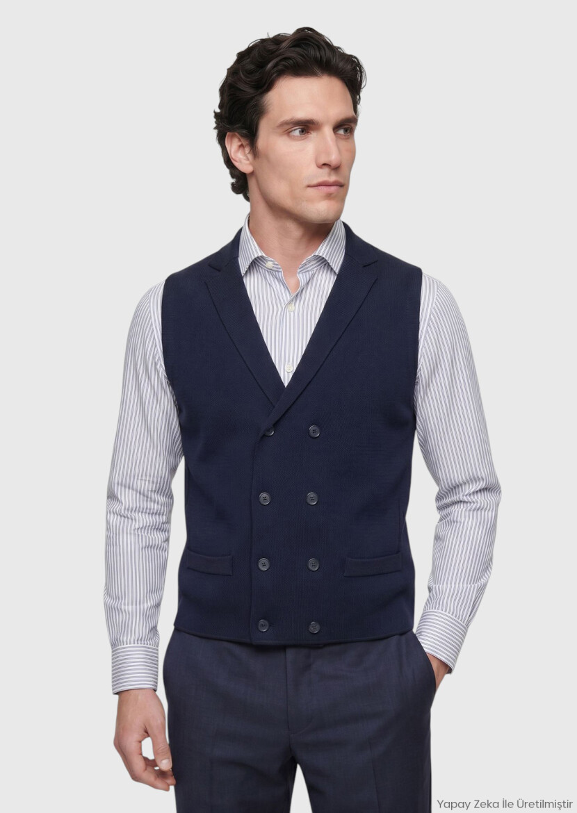 Navy Blue Regular Fit Butterfly Collar Casual Knitting Knit Vest - RAMSEY