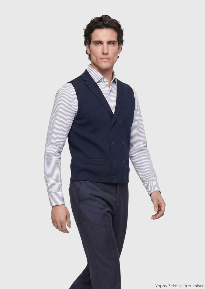 Navy Blue Regular Fit Butterfly Collar Casual Knitting Knit Vest - RAMSEY