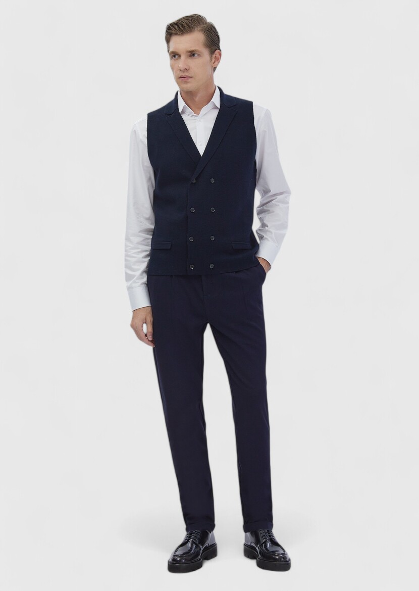 Navy Blue Regular Fit Butterfly Collar Casual Knitting Knit Vest - 2