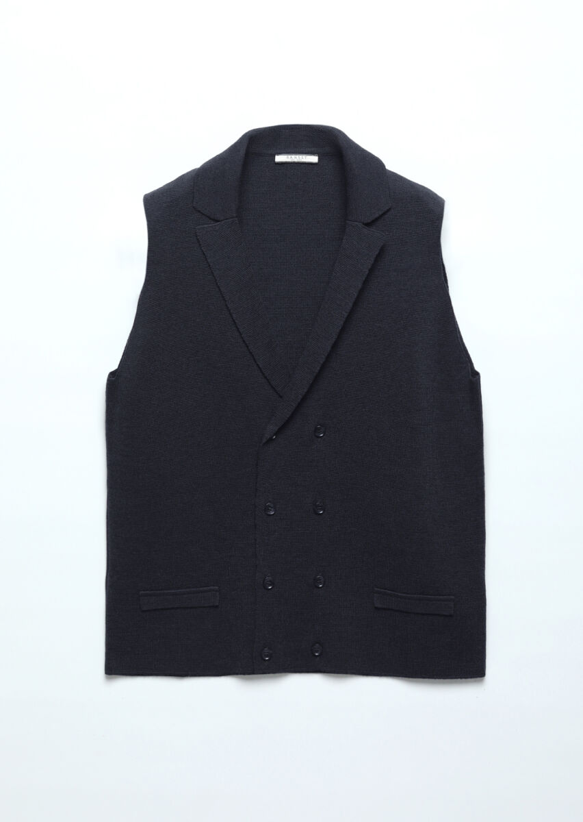 Navy Blue Regular Fit Butterfly Collar Casual Knitting Knit Vest - 6