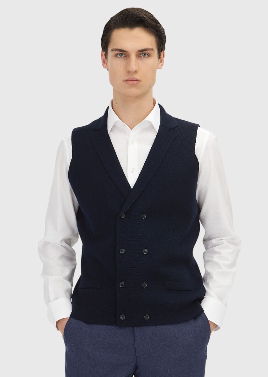 Navy Blue Regular Fit Butterfly Collar Casual Knitting Knit Vest - 1