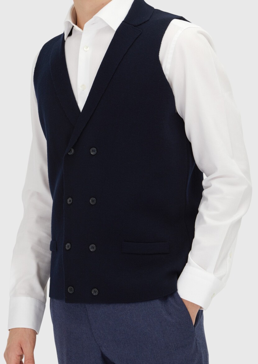 Navy Blue Regular Fit Butterfly Collar Casual Knitting Knit Vest - 3