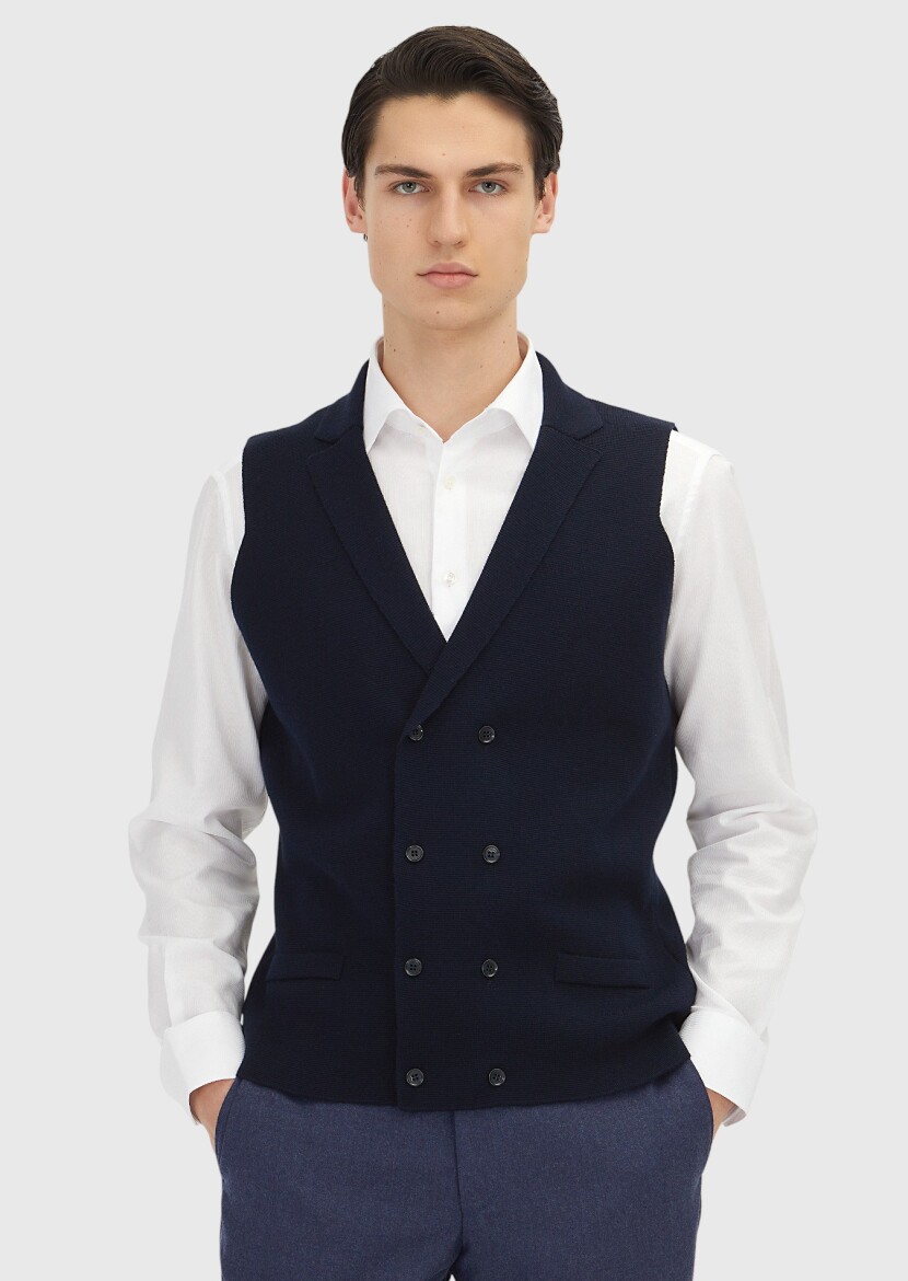 Navy Blue Regular Fit Butterfly Collar Casual Knitting Knit Vest 