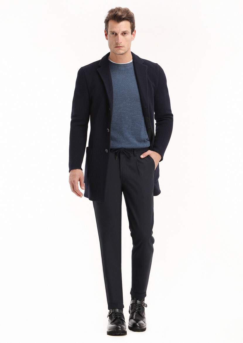 Navy Blue Regular Fit Butterfly Collar Casual Knitting Overcoat - 1