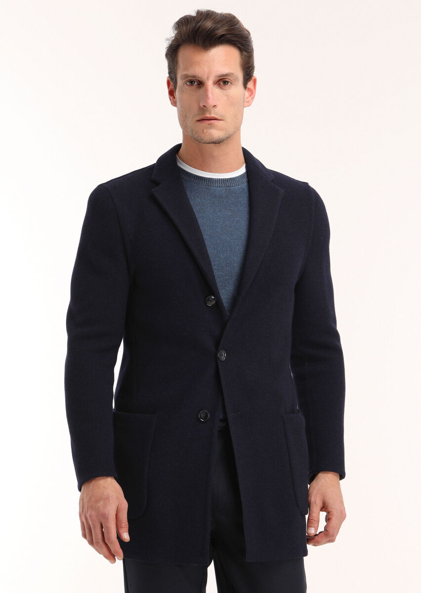 Navy Blue Regular Fit Butterfly Collar Casual Knitting Overcoat - 2