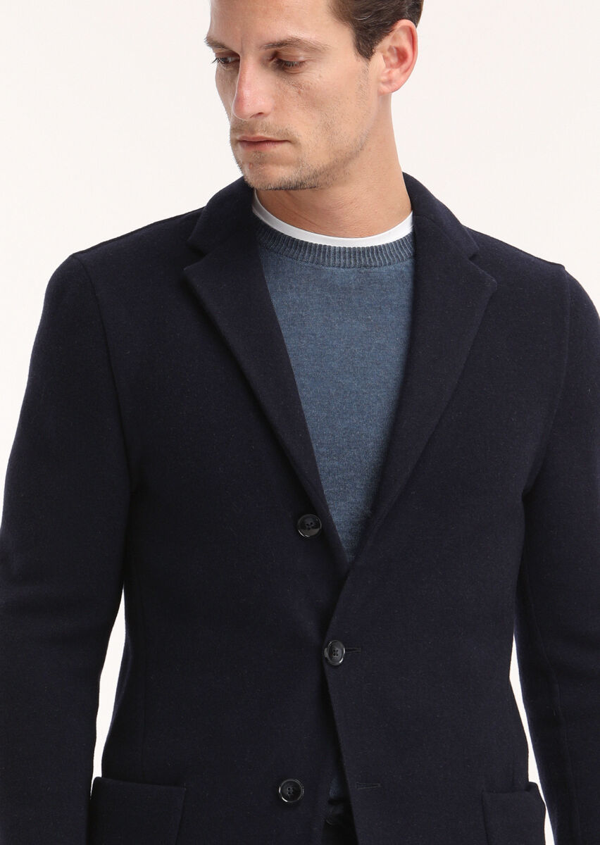 Navy Blue Regular Fit Butterfly Collar Casual Knitting Overcoat - 3