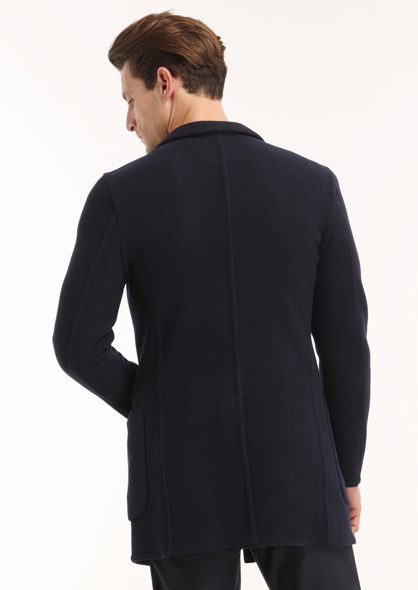 Navy Blue Regular Fit Butterfly Collar Casual Knitting Overcoat - 4