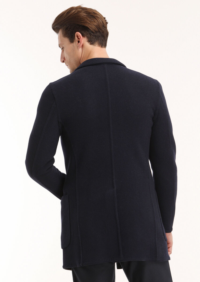 Navy Blue Regular Fit Butterfly Collar Casual Knitting Overcoat - 4