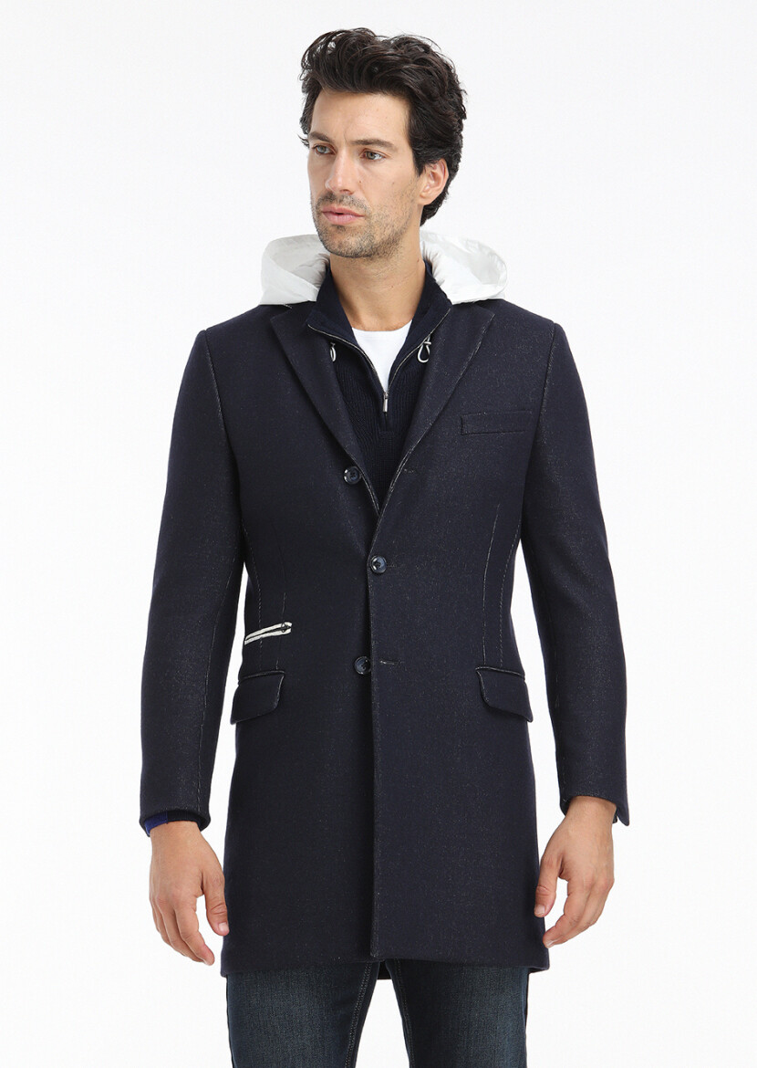 Navy Blue Regular Fit Butterfly Collar Casual Knitting Overcoat - 2