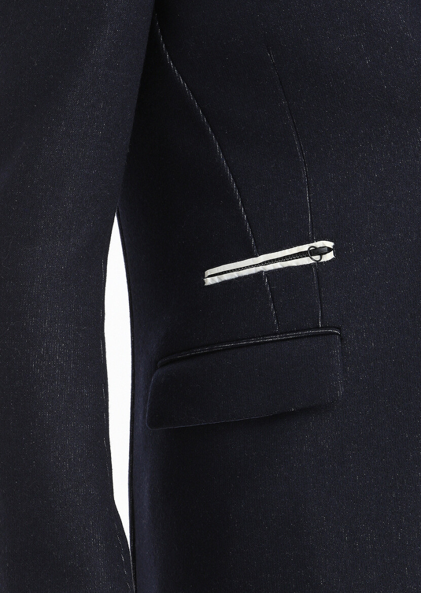 Navy Blue Regular Fit Butterfly Collar Casual Knitting Overcoat - 3