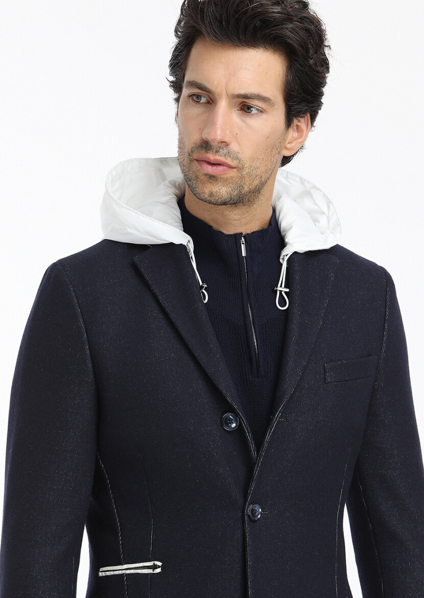 Navy Blue Regular Fit Butterfly Collar Casual Knitting Overcoat - 4