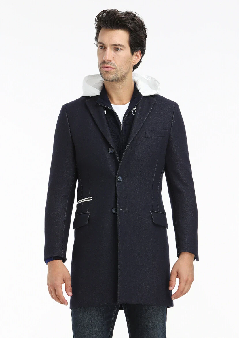 Navy Blue Regular Fit Butterfly Collar Casual Knitting Overcoat - 2