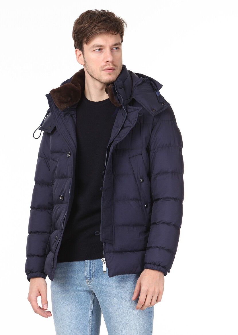 Navy Blue Regular Fit Butterfly Collar Casual Weaving Coat - 1