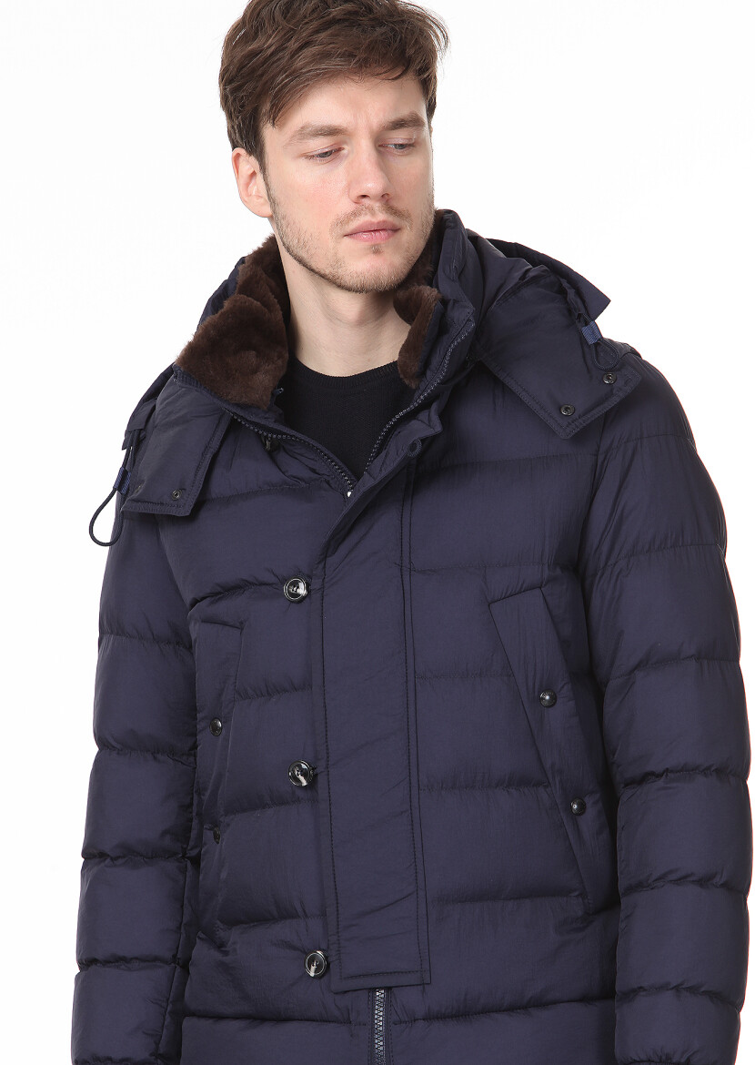 Navy Blue Regular Fit Butterfly Collar Casual Weaving Coat 