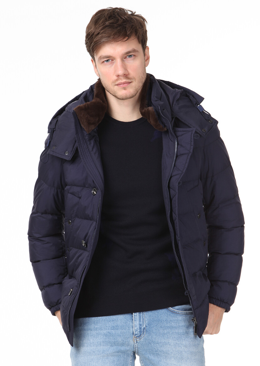 Navy Blue Regular Fit Butterfly Collar Casual Weaving Coat - 5