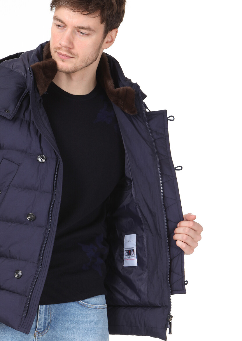 Navy Blue Regular Fit Butterfly Collar Casual Weaving Coat - 7