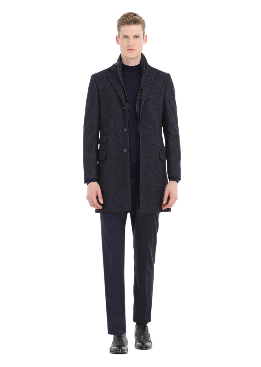Navy Blue Regular Fit Butterfly Collar Casual Weaving Overcoat 