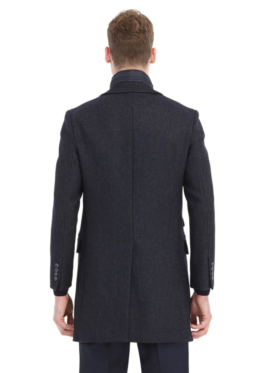 Navy Blue Regular Fit Butterfly Collar Casual Weaving Overcoat - 6