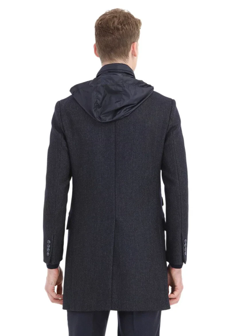 Navy Blue Regular Fit Butterfly Collar Casual Weaving Overcoat - 7