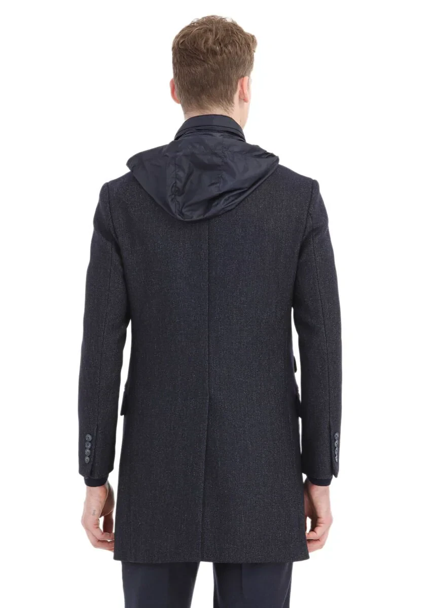 Navy Blue Regular Fit Butterfly Collar Casual Weaving Overcoat - 7