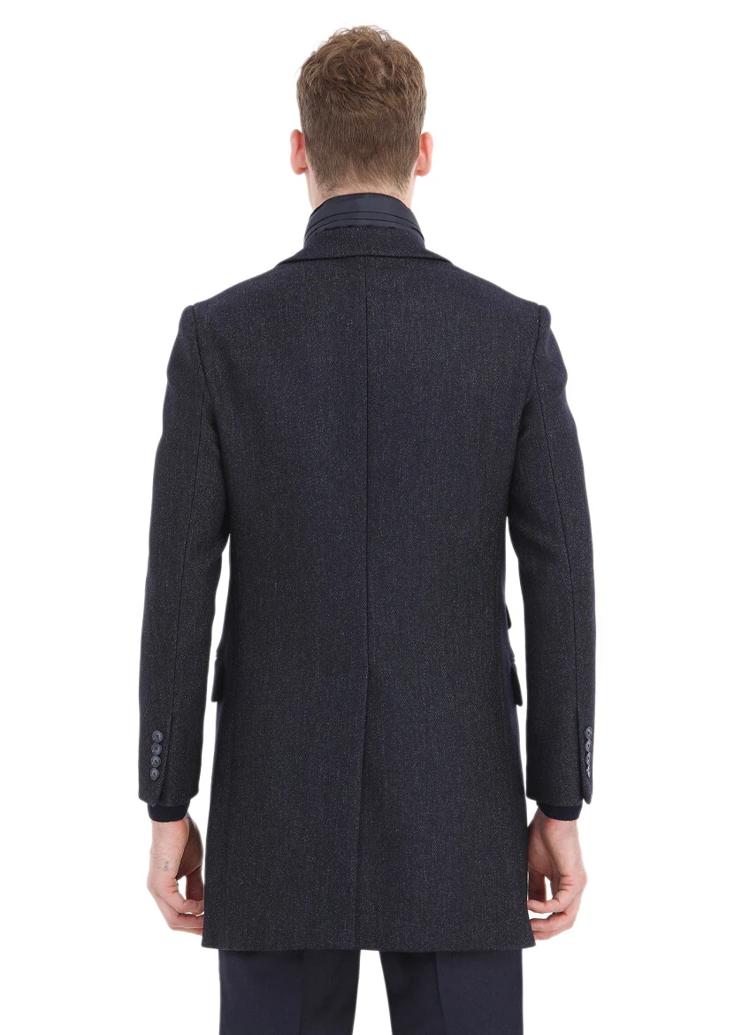 Navy Blue Regular Fit Butterfly Collar Casual Weaving Overcoat - 6