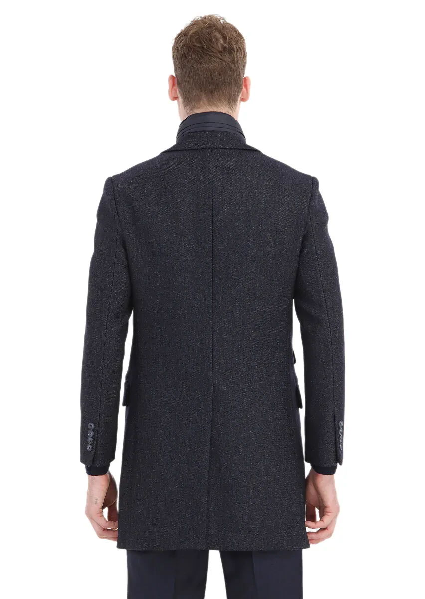 Navy Blue Regular Fit Butterfly Collar Casual Weaving Overcoat - 6