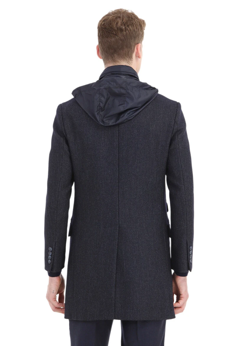 Navy Blue Regular Fit Butterfly Collar Casual Weaving Overcoat - 7