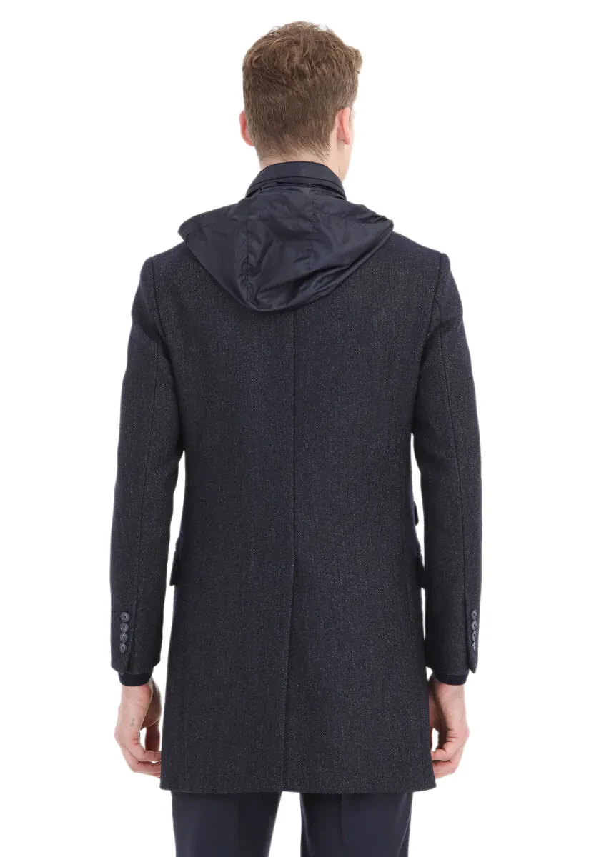 Navy Blue Regular Fit Butterfly Collar Casual Weaving Overcoat - 7
