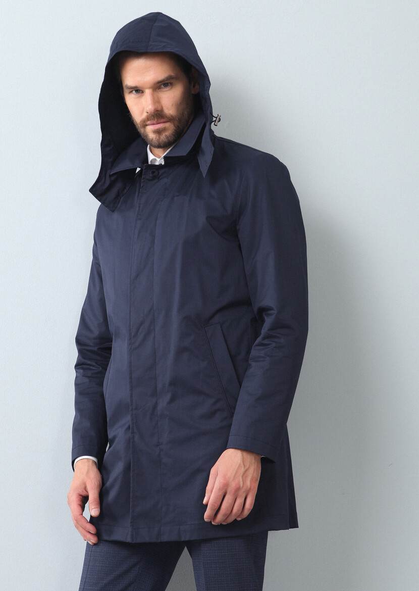 Navy Blue Regular Fit Butterfly Collar Casual Weaving Rain Coat 