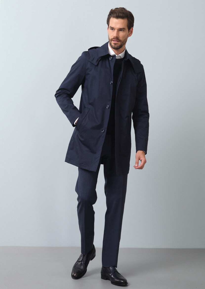 Navy Blue Regular Fit Butterfly Collar Casual Weaving Rain Coat - 4
