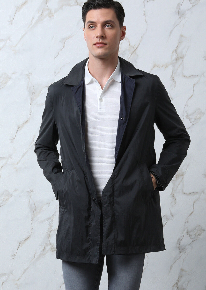 Navy Blue Regular Fit Butterfly Collar Casual Weaving Rain Coat - 2
