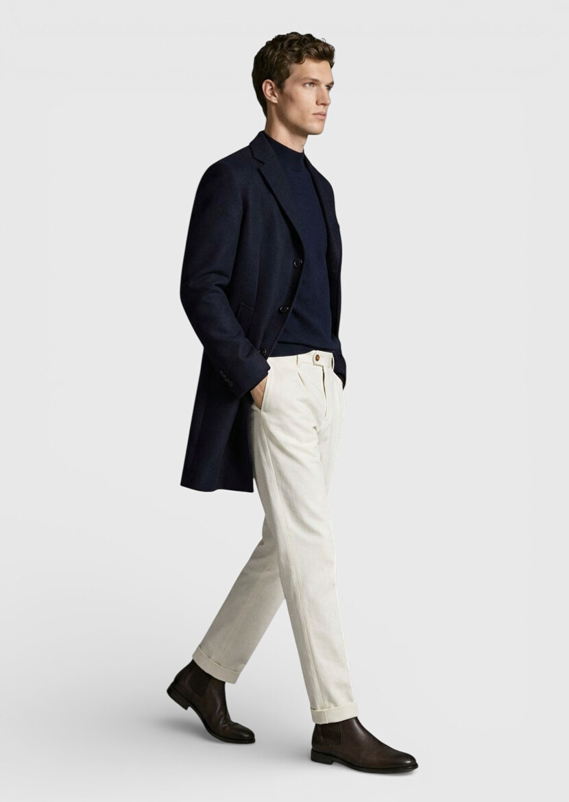 Navy Blue Regular Fit Butterfly Collar Classical Weaving Overcoat 