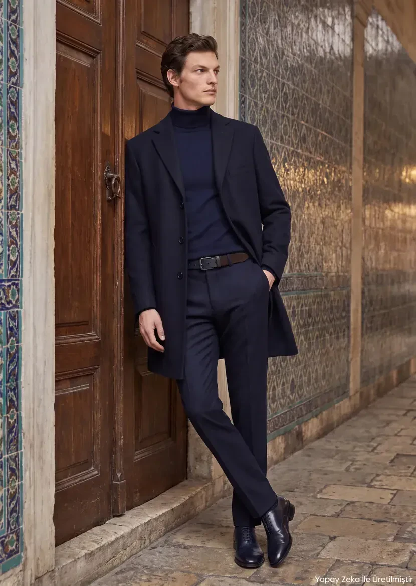 Navy Blue Regular Fit Butterfly Collar Classical Weaving Overcoat - RAMSEY