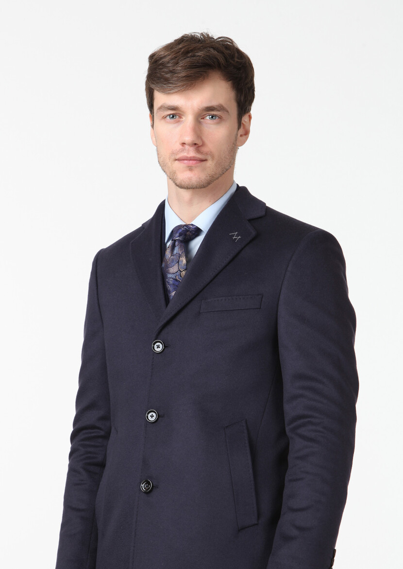 Navy Blue Regular Fit Butterfly Collar Classical Weaving Overcoat - 3