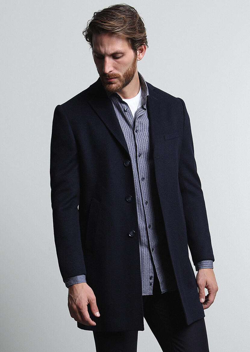 Navy Blue Regular Fit Butterfly Collar Classical Weaving Overcoat - 1