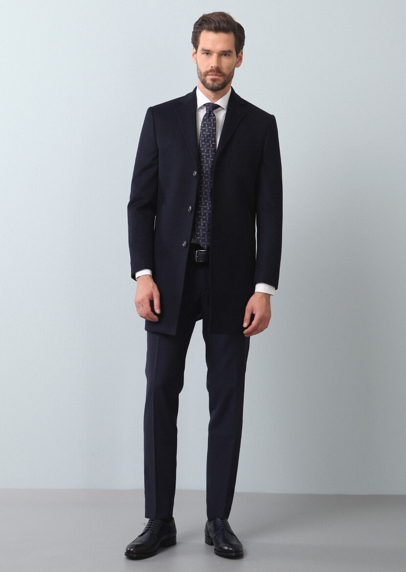 Navy Blue Regular Fit Butterfly Collar Classical Weaving Overcoat 