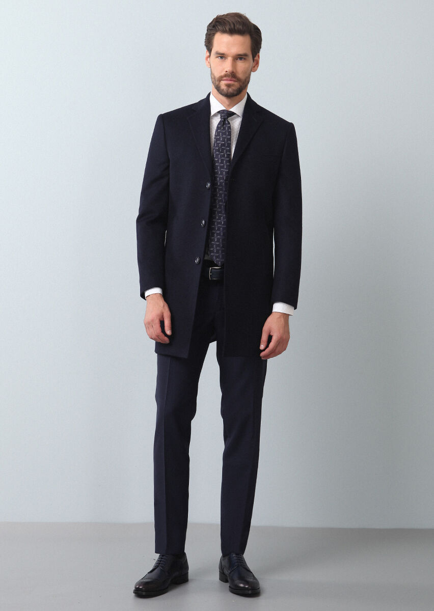 Navy Blue Regular Fit Butterfly Collar Classical Weaving Overcoat - 2