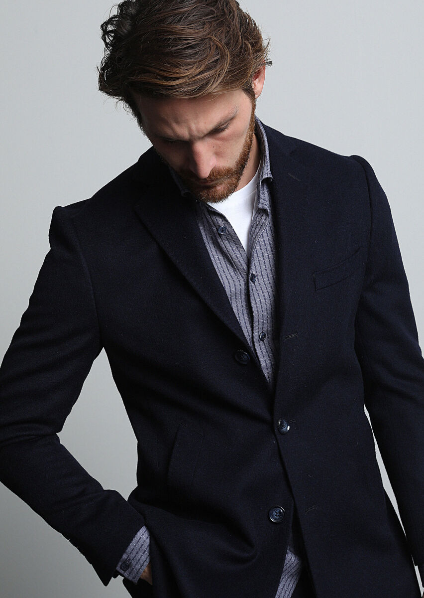 Navy Blue Regular Fit Butterfly Collar Classical Weaving Overcoat - 3